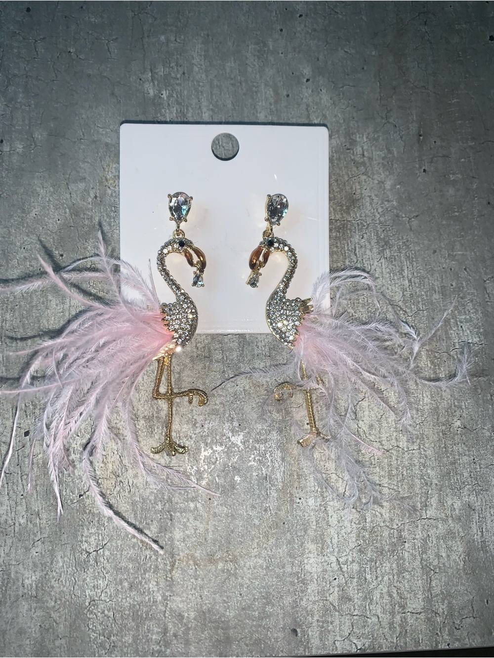 Gold-Tone Flamingo Drop Earrings with Pink Feather and Crystal Accents